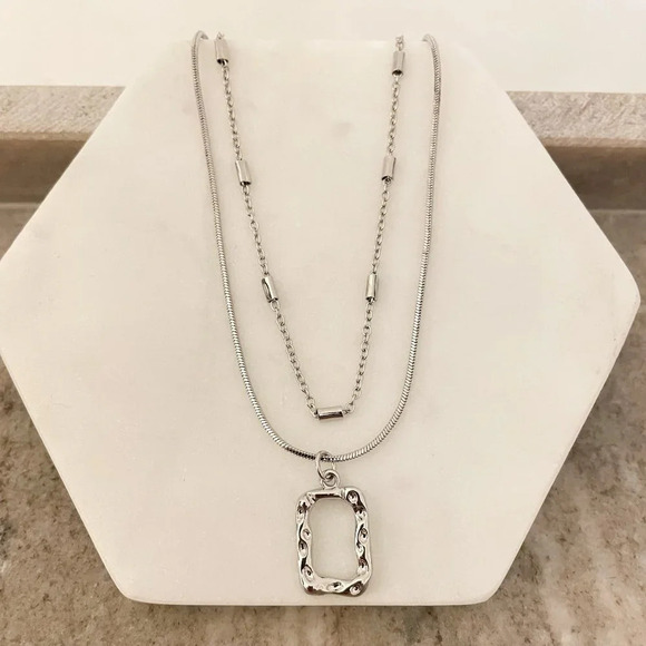 925 Sterling Silver Necklace Set Geometric Textured Square Pendant Sequin Chain - Picture 7 of 11